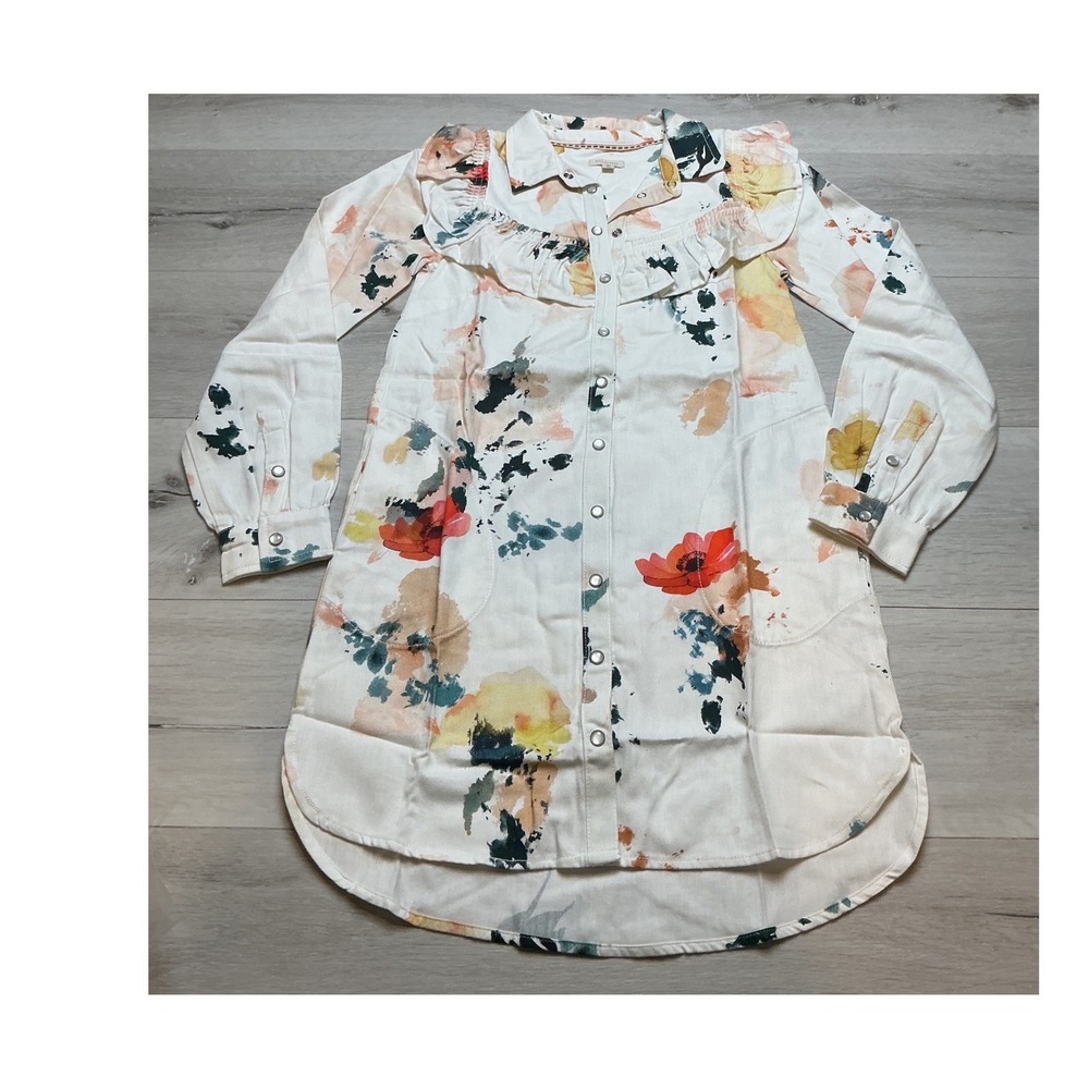 Anthropologie Pilcro Floral Ruffle Neck Shirt Dres Oyster Pattern XXS New W/ Tag - Picture 4 of 8
